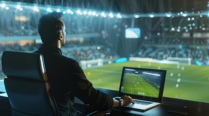 Strategizing Success Sports Coach Analyzing Game Plans with Laptop and Tactical Board in Fieldside Office