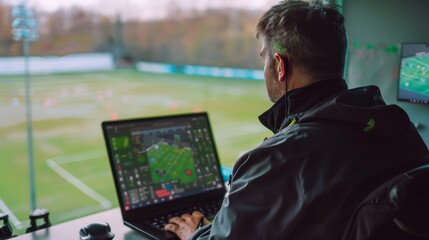 Strategizing Success Sports Coach Analyzing Game Plans with Laptop and Tactical Board in Fieldside Office