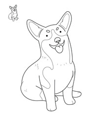 Hand drawn line designed corgi doggy, sitting and showing tongue. Isolated on white vector illustration with editable lines