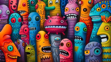Fototapeta premium Colorful, quirky cartoon monsters with various expressions and vibrant backgrounds, perfect for children's illustrations and creative projects.