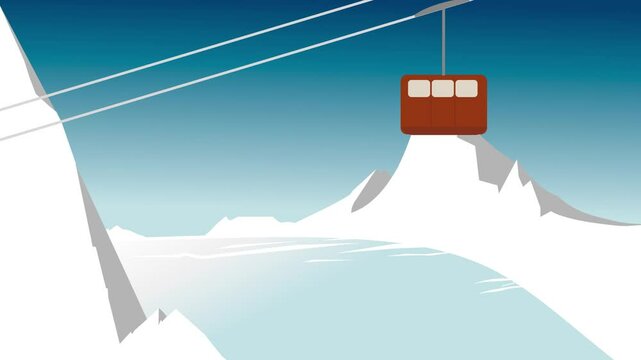 Seilbahn in alpiner Landschaft, Gondel f&auml;hrt durch ein Bergpanorama mit Gletscher,, Berg- und Talfahrt, 2-D Animation