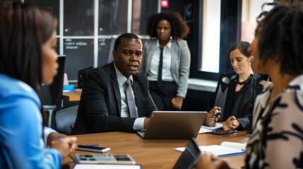 Diverse team in a serious business meeting discussing strategy in a modern office.