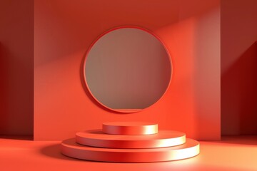 Fototapeta premium Minimalistic red podium or pedestal for product display with round mirror. Concept of showcasing, marketing, advertising, beauty products, or branding.