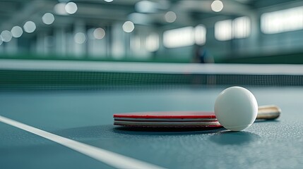 A green surface with two red table tennis paddles and a red ball