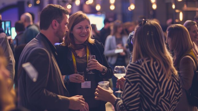 Networking business professionals at evening event, engaging in conversations and sharing drinks