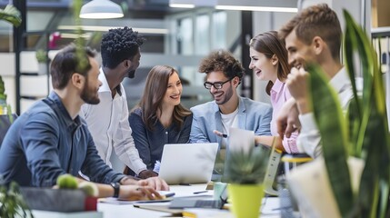 Diverse team collaborating in a modern office, engaged in lively discussion and teamwork.