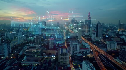 Fototapeta premium Glowing technological process hologram, aerial panoramic city view buildings at sunset