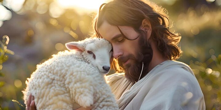 Jesus Christ holding a little lamb of Easter holiday concept 4K Video