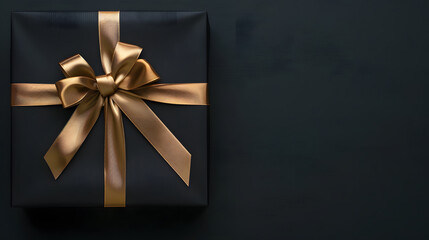 Elegant black gift box with gold ribbon on a dark background, surrounded by golden confetti, evoking celebration and luxury. Concept of gift-giving, holidays, and elegance.