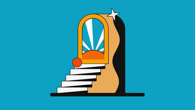2D vector art animation. Featuring with a playful ball bouncing up the stairs. This dynamic and magical scene is perfect for your modern design projects, and creative visuals.