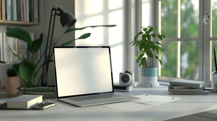 Fototapeta premium Empowering Education Virtual Tutoring Session with Blank Screen Laptop and Textbook in Home Office
