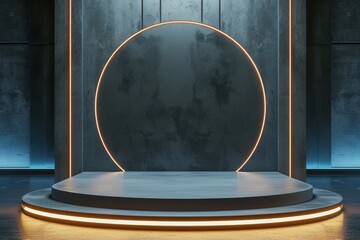 Empty futuristic podium, platform or pedestal with glowing neon circle for product display.  Sci-fi, abstract background. Pedestal for mockup. Podium, stage, stand with neon lights.