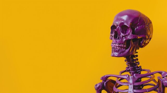 Purple skeleton on yellow background with space for text high quality image for Halloween and horror theme