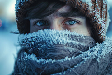 A man with blue eyes in an arctic environment, ice forming on his scarf that is covering his face to keep him warm in the winter