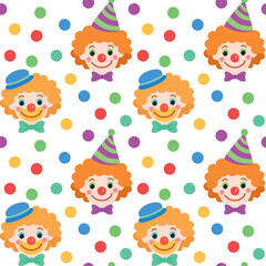 Seamless pattern with fun clowns faces and balls. Vector colorful background in flat style