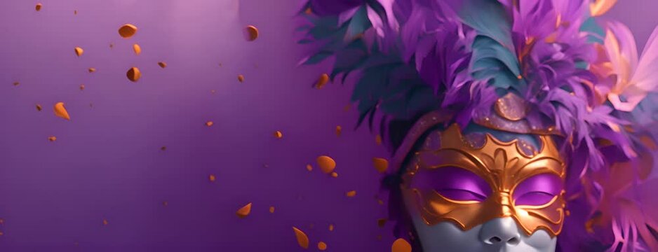 Happy Mardi Gras poster. A banner template with Venetian masquerade decorations, mask, confetti and feathers isolated on purple background, copy space. Costume party flyer for carnivals. 4K Video