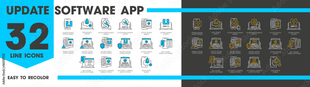 Fototapete update software app line icons, maintenance and download outline symbols vector set, represent vario