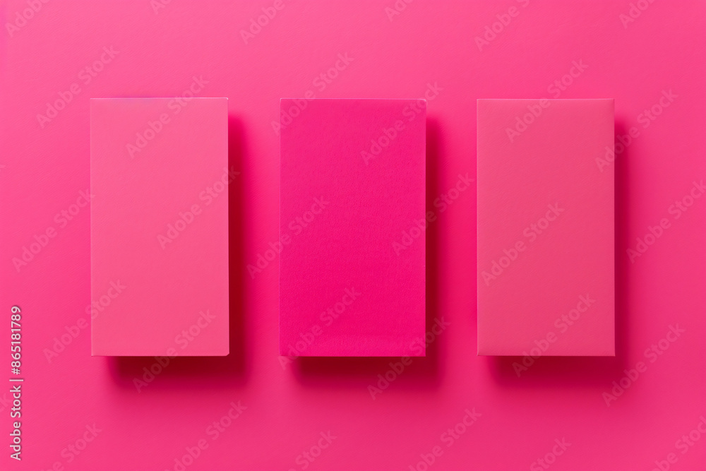 Poster a flat lay of three pink paper sheets arranged at an angle, creating geometric shapes on the solid c