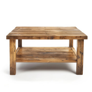 A rustic wooden coffee table with a lower shelf and a natural finish, isolated on white background.
