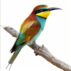Obraz premium A colorful European bee-eater with its vibrant plumage, perched on a branch, isolated on white background.