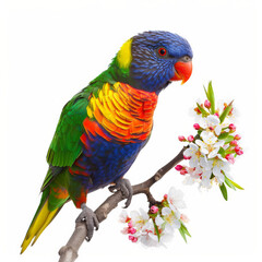 Naklejka premium A colorful rainbow lorikeet with its vibrant feathers, perched on a flowering branch, isolated on white background.