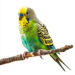 Fototapeta premium A colorful parakeet with its vibrant green and yellow feathers, perched on a branch, isolated on white background.