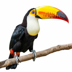 Obraz premium A toucan with its large, colorful beak, sitting on a branch, isolated on white background.