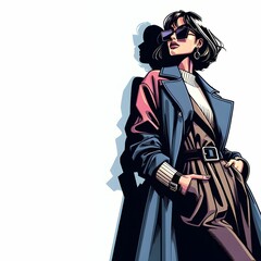 Fototapeta premium アメリカンコミックスタイルで描かれたスタイリッシュな女性が壁にもたれて立っているシーン。彼女はショートヘアで、サングラスをかけ、長いコートを羽織っています。インナーはセーターとベルト付きのパンツを着用し、アクセサリーとして大きなイヤリングをつけています。背景は白で、女性の影が描かれており、キャラクターの存在感が強調されています。姿勢はリラックスしており、クールで自信に満ちた雰囲気を醸し出している。