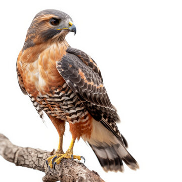A striking red-shouldered hawk perched on a branch, its sharp eyes keenly observing, isolated on white background.