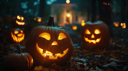 Fototapeta premium Illuminated Pumpkin on Wood Halloween Background at Night