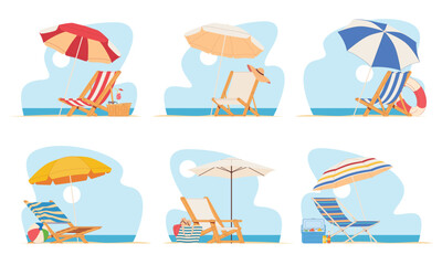 Beach chair lounger with umbrella. Summer vacation by the sea. Warm summer sunny days on vacation. Vector illustration