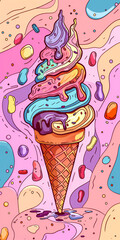 Cartoon style an ice cream cone with lots of different flavors