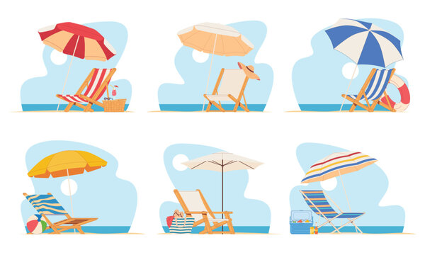 Beach chair lounger with umbrella. Summer vacation by the sea. Warm summer sunny days on vacation. Vector illustration
