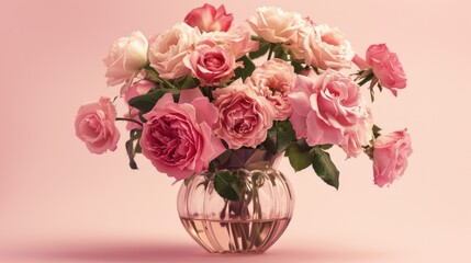 Fototapeta premium A bouquet of pink roses in various shades, arranged elegantly in a classic glass vase.