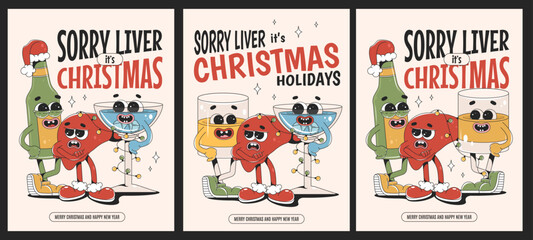 Merry Christmas and Happy New year poster set in retro groovy style. Sad liver, beer and cocktail cartoon characters.