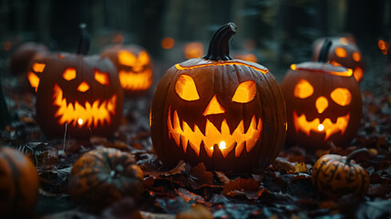 Fototapeta premium Nighttime Forest Halloween Background with Carved Pumpkins