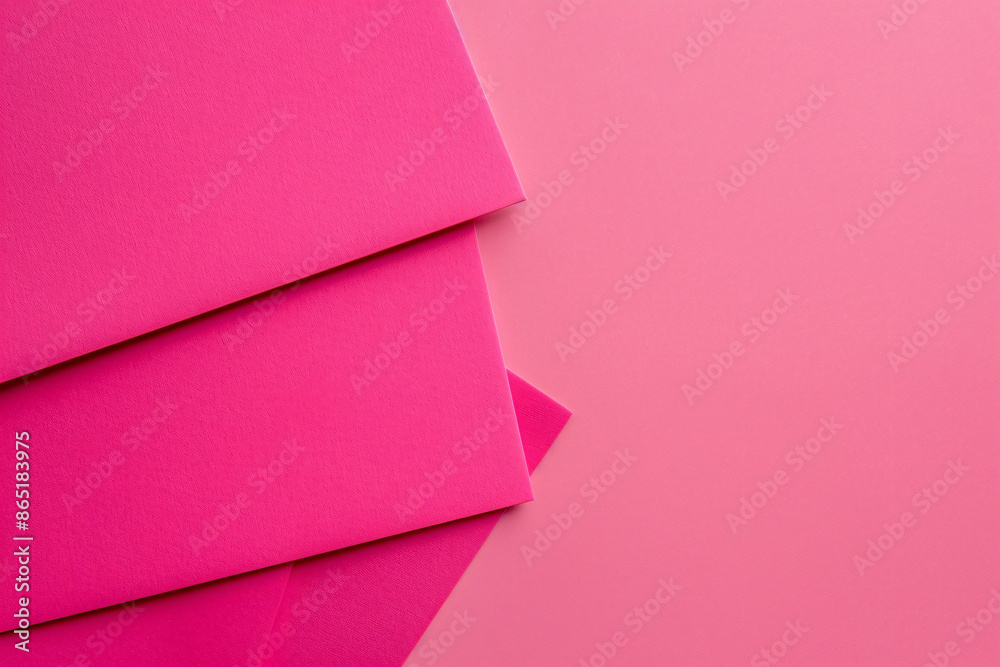Poster a flat lay of three pink paper sheets arranged at an angle, creating geometric shapes on the solid c