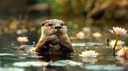 A playful otter floating on its back in a calm river, holding a small stone on its chest, surrounded by water lilies.