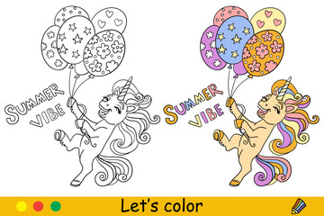 Kids coloring cute unicorn with lettering and balloons vector
