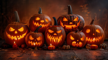 Fototapeta premium Evil-Faced Carved Pumpkins Glowing in the Dark Halloween Background