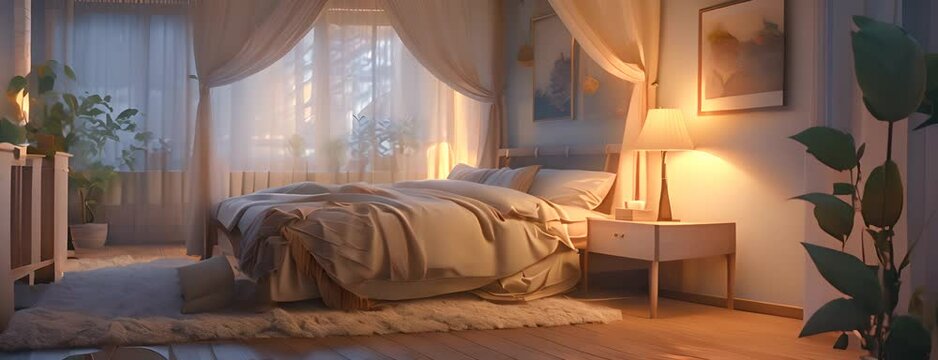 Cozy bedroom with a canopy bed, soft lighting, and inviting textures, 4K hyperrealistic photo 4K Video