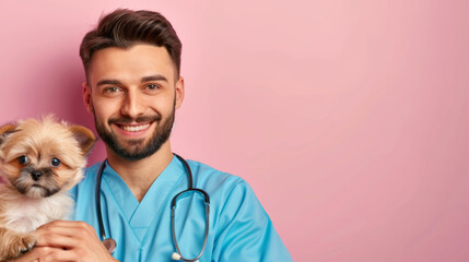 A veterinarian holds a small dog in his arms, showing compassion and care for the animal