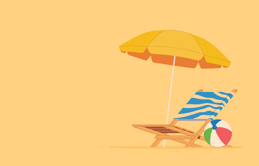 Beach chair lounger with umbrella. Summer vacation by the sea. Warm summer sunny days on vacation. Vector illustration