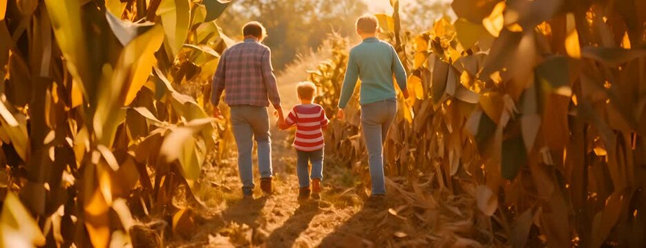 Family exploring a corn maze for National Nut Day, October 22nd, enjoying roasted nuts along the way, 4K hyperrealistic photo. 4K Video