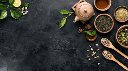 A flat lay showcasing a variety of tea ingredients, including loose leaf tea, dried flowers, spices, and lemon, arranged on a black surface