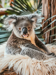 Naklejka premium A cute koala sitting on a fluffy rug