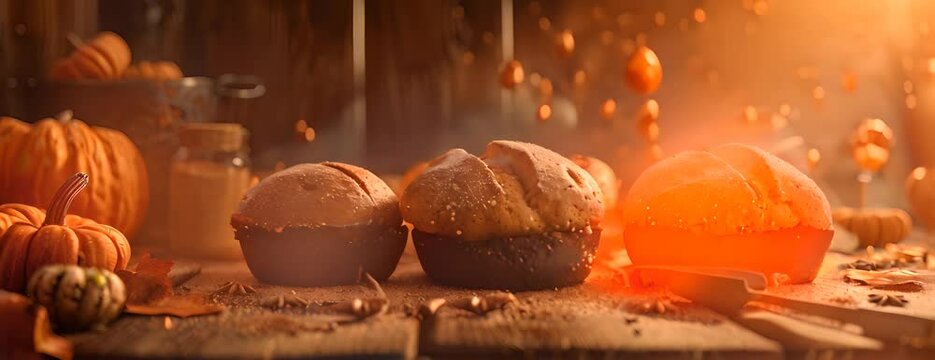 Making pumpkin bread for National Pumpkin Bread Day, October 21st, aromatic loaves and pumpkin spice, 4K hyperrealistic photo. 4K Video