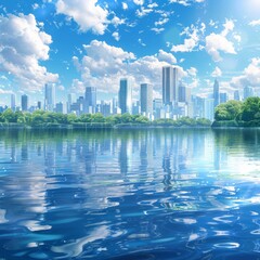 Obraz premium Realistic city from the far distance background summer day and the lake