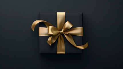 Elegant black gift box with gold ribbon on a dark background, surrounded by golden confetti, evoking celebration and luxury. Concept of gift-giving, holidays, and elegance.