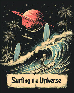 T-shirt graphic, poster graphic, illustration, alien surfing, vibrant graphic, surfing sport, funny surfing graphic, surfboard